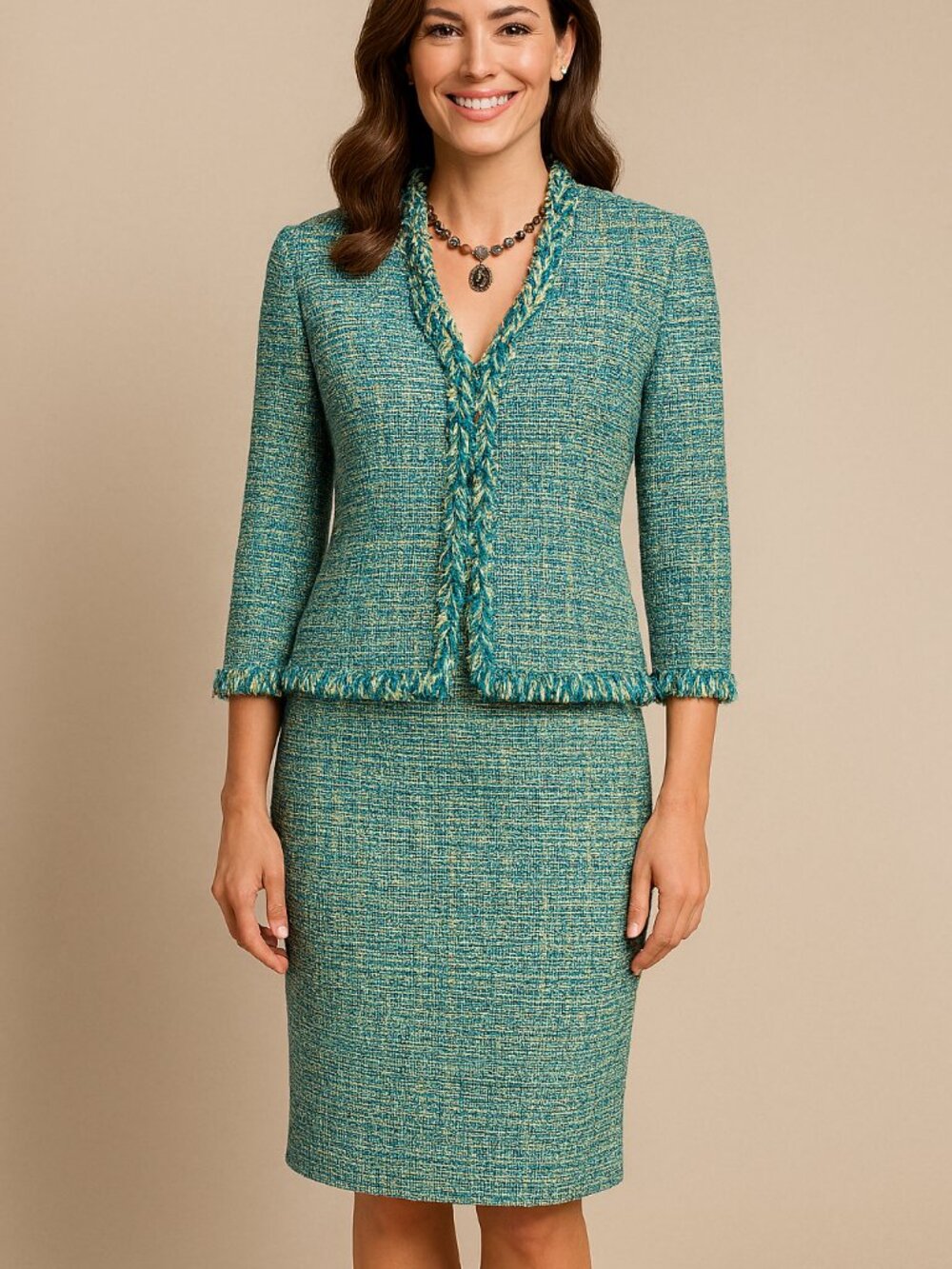 St. John Couture Skirt Suit Size 10 Multicolor Aqua Blue Green Tweed - Picture 2 of 14